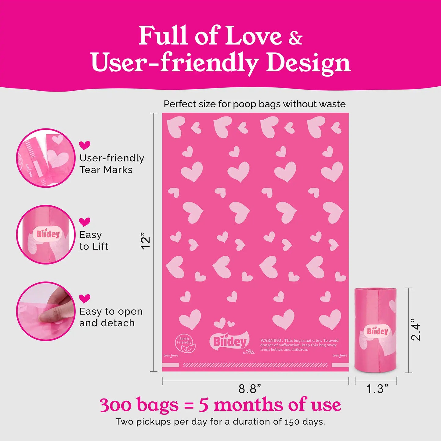 Biidey Large Dog Poop Bags Rolls Pink, Lavender Scented, XL Bulk,Pet Litter Waste Bags,Thick, Leak Proof,Tear Resistant,Odor control,Pet Supplies,Doggy Puppy, Love Heart,300 Count,20 Rolls