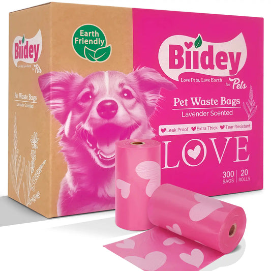 Biidey Large Dog Poop Bags Rolls Pink, Lavender Scented, XL Bulk,Pet Litter Waste Bags,Thick, Leak Proof,Tear Resistant,Odor control,Pet Supplies,Doggy Puppy, Love Heart,300 Count,20 Rolls