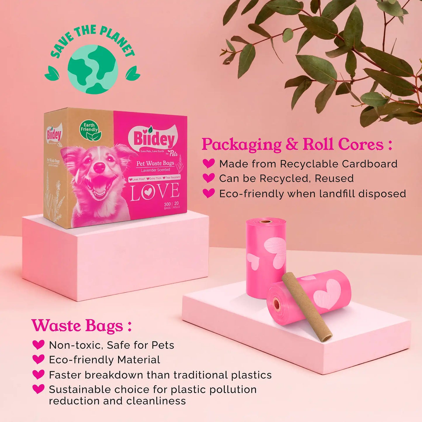 Biidey Large Dog Poop Bags Rolls Pink, Lavender Scented, XL Bulk,Pet Litter Waste Bags,Thick, Leak Proof,Tear Resistant,Odor control,Pet Supplies,Doggy Puppy, Love Heart,300 Count,20 Rolls